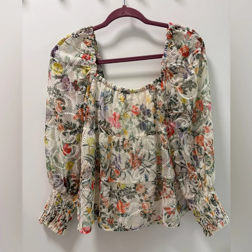 Alice + Olivia Rowa Embroided Floral Tiered Puffed Long Sleeve Top Size XS - Picture 3 of 8